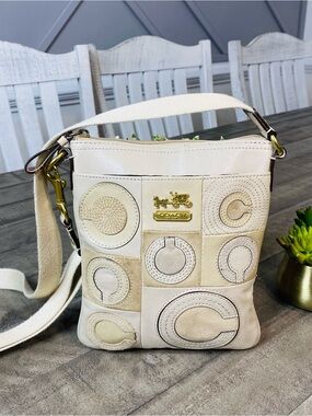 Coach Madison Mia Inlaid C Patchwork Crossbody Bag Suede Leather Ivory Beige